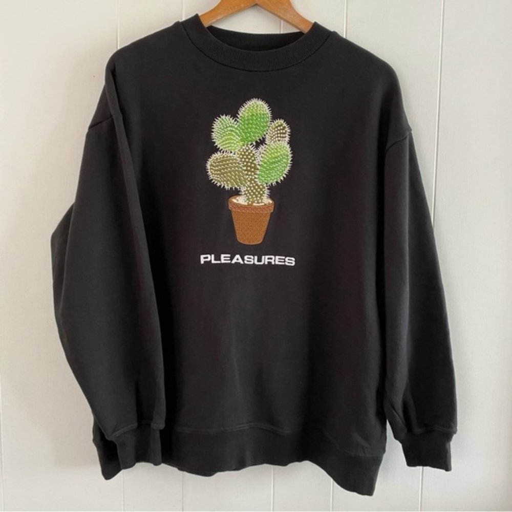 PLEASURES Spike Embroidery Cactus Sweatshirt Black Crew Neck Ribbed Streetwear